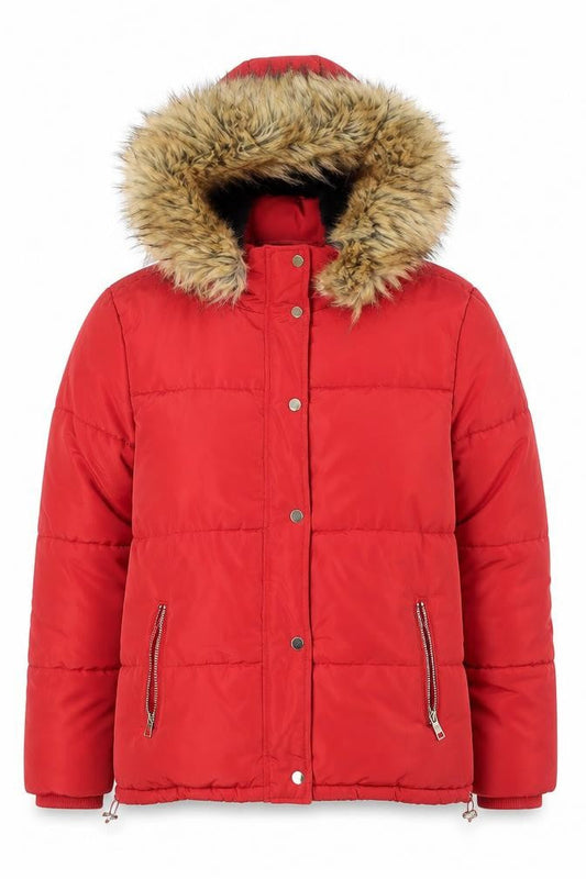 F&F Women's Red Puffer Jacket with Faux Fur Hood Size 8