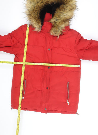 F&F Women's Red Puffer Jacket with Faux Fur Hood Size 8