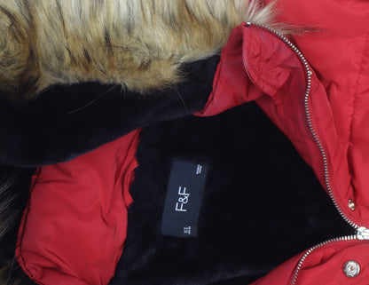 F&F Women's Red Puffer Jacket with Faux Fur Hood Size 8