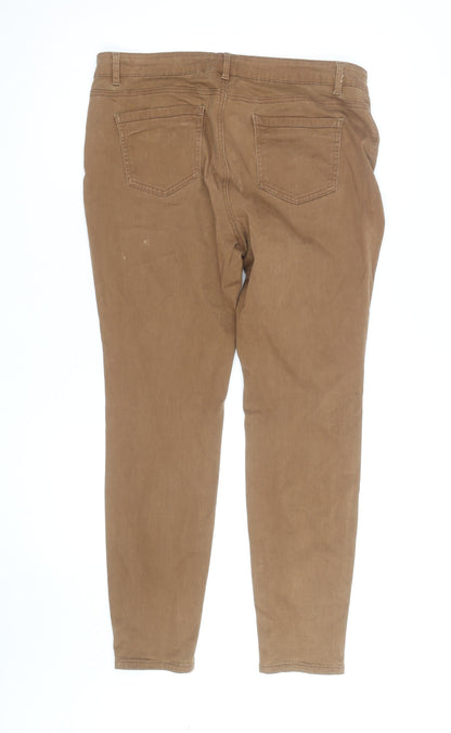 Tu Women Brown Slim Fit Zip Detail Cotton Stretch Trousers Size 16