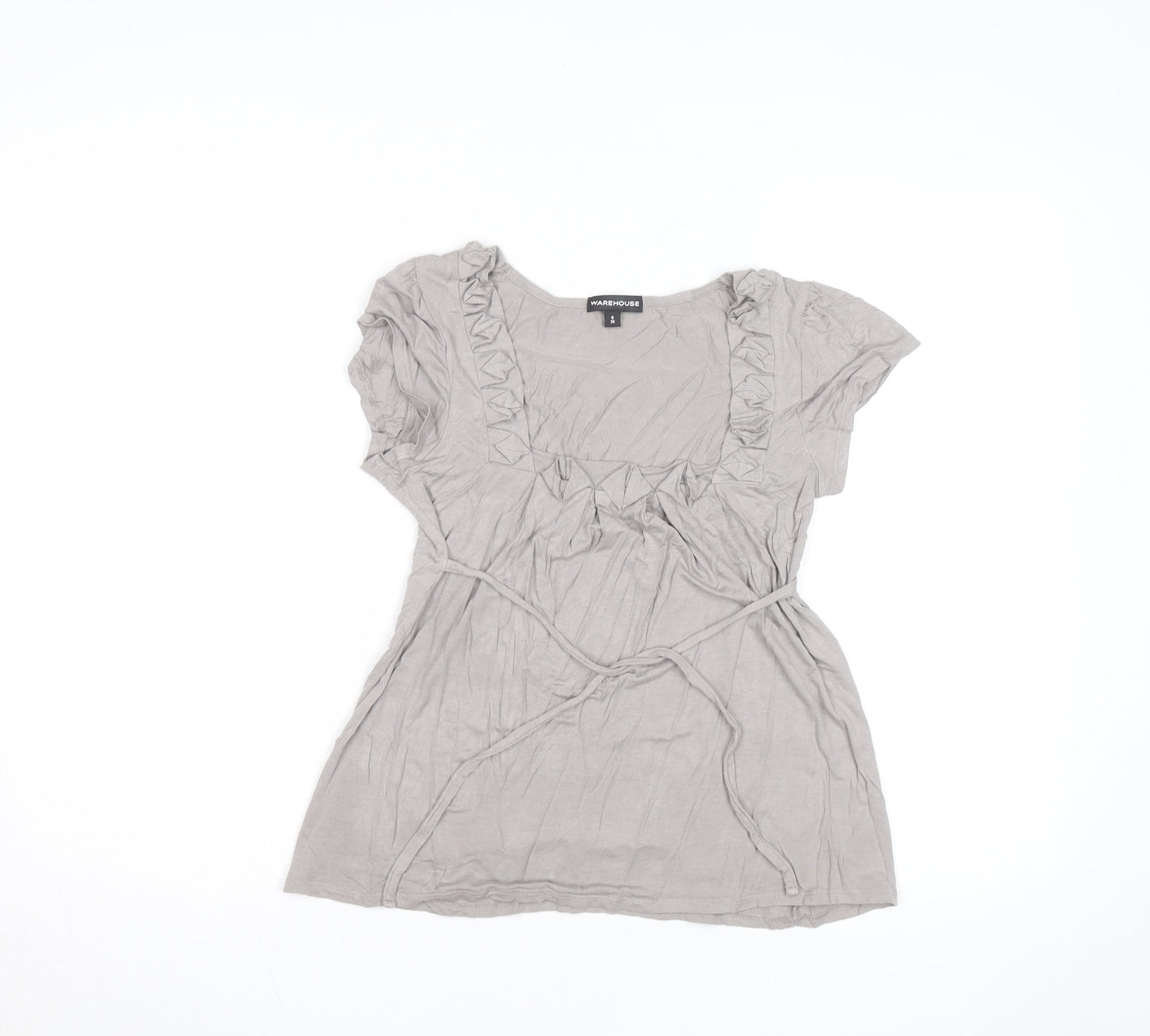 Warehouse Women’s Beige Ruffle Tunic Blouse Size 8 Short Sleeve
