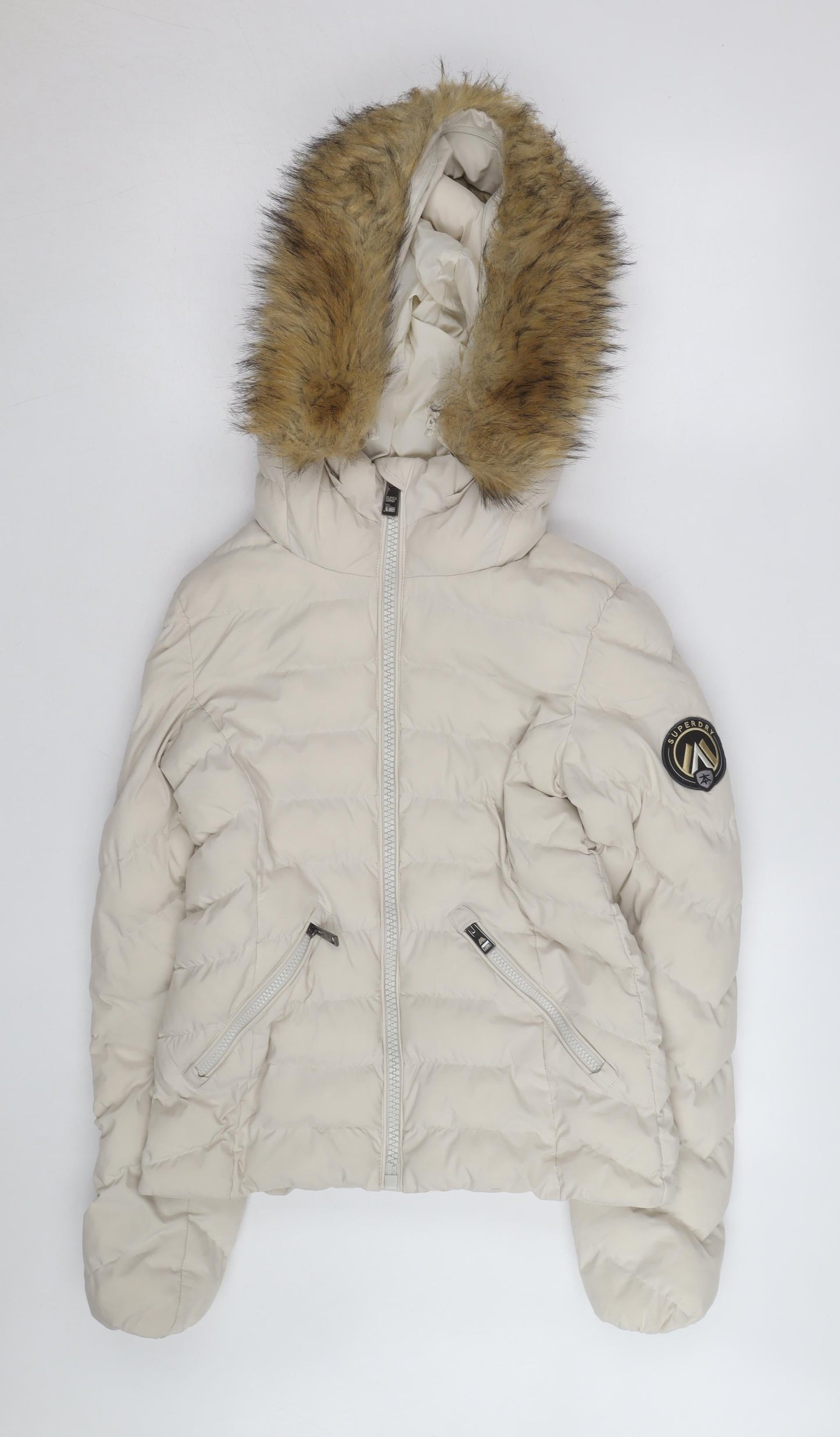 Superdry Women Beige Puffer Jacket Hooded Fur Trim Size M