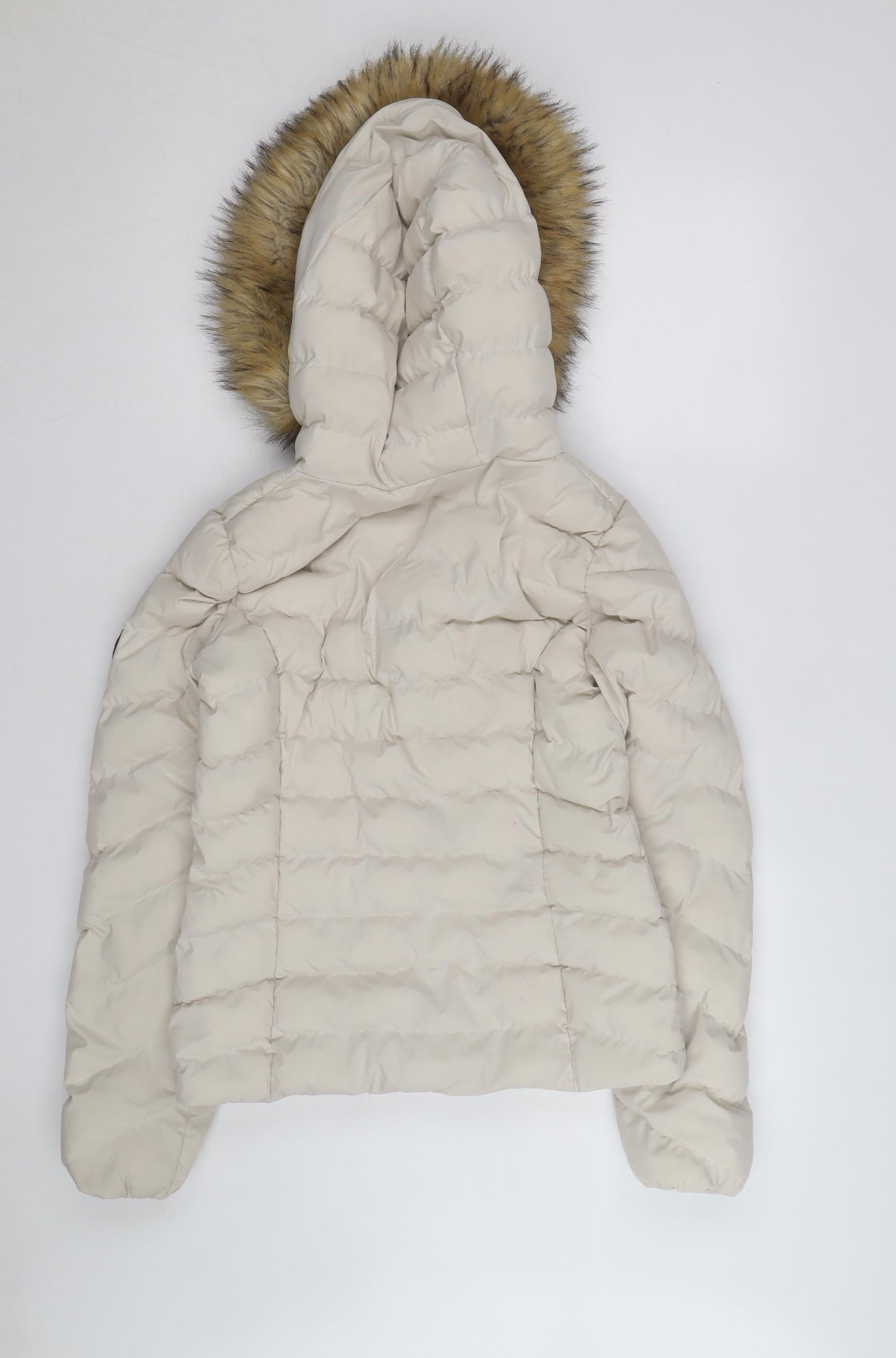 Superdry Women Beige Puffer Jacket Hooded Fur Trim Size M