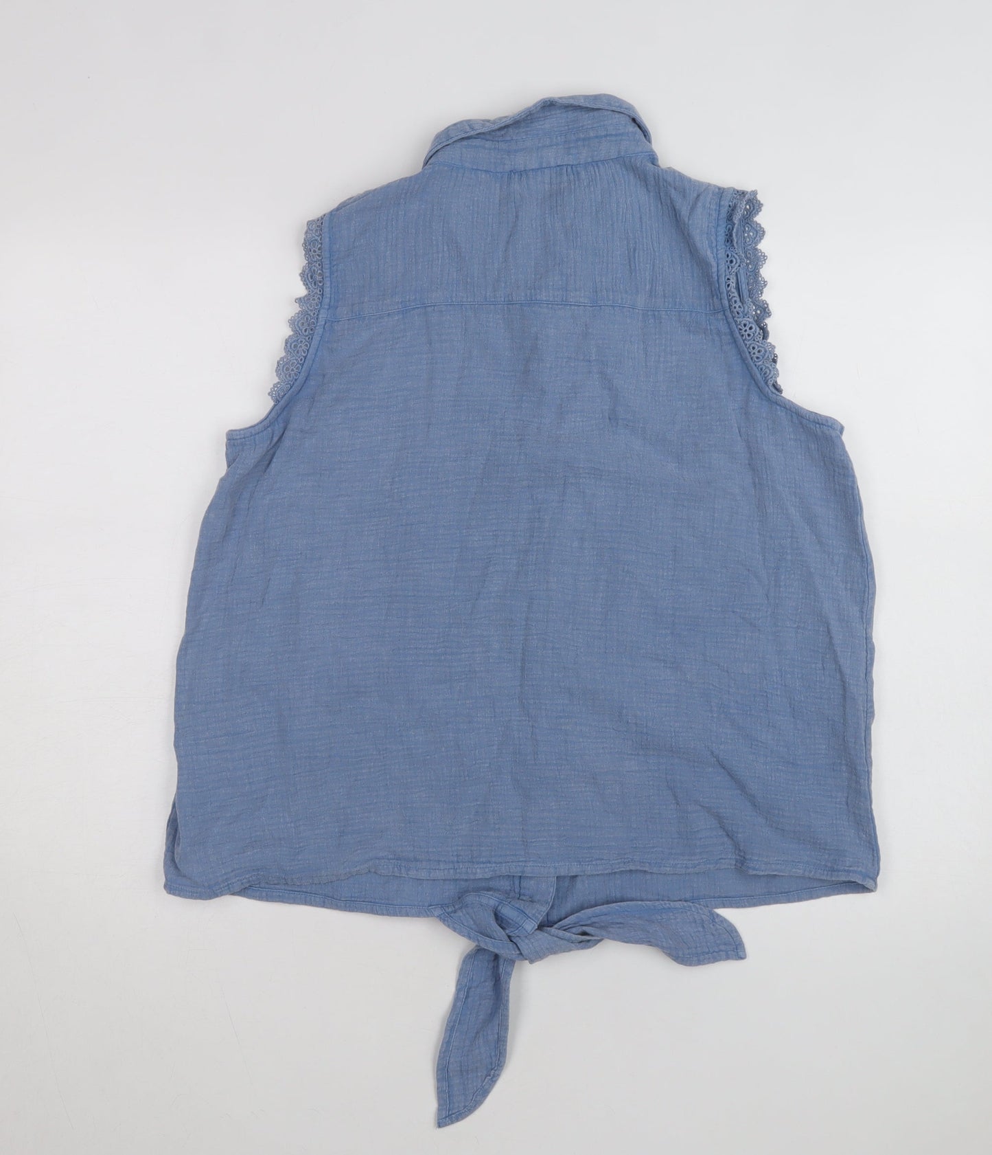 Klass Women's Blue Sleeveless Cotton Collared Button Tie Blouse Size 16