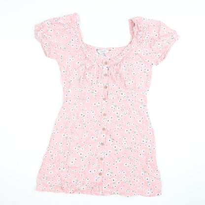 Flooze Women Pink Floral Short Sleeve A-Line Short Dress Size S