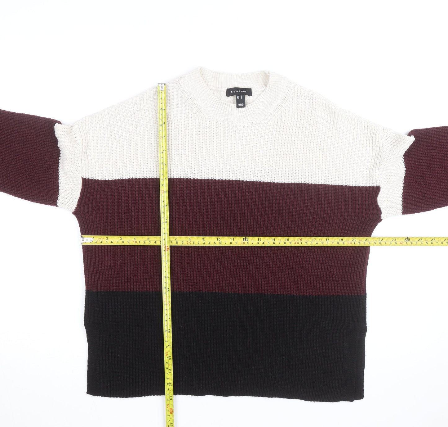 New Look Women Cream Burgundy Black Stripe Knit Jumper UK S