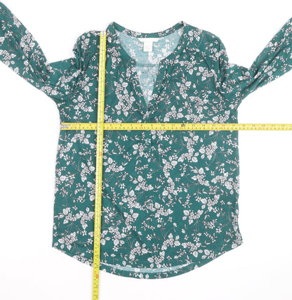 H&M Women’s Green Floral V-Neck Long Sleeve Cotton Tunic Blouse Size 10