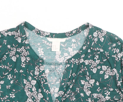 H&M Women’s Green Floral V-Neck Long Sleeve Cotton Tunic Blouse Size 10
