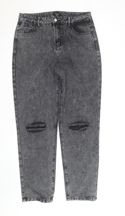 Boohoo Womens Grey Acid Wash Mom Jeans Size 16 Tall Distressed
