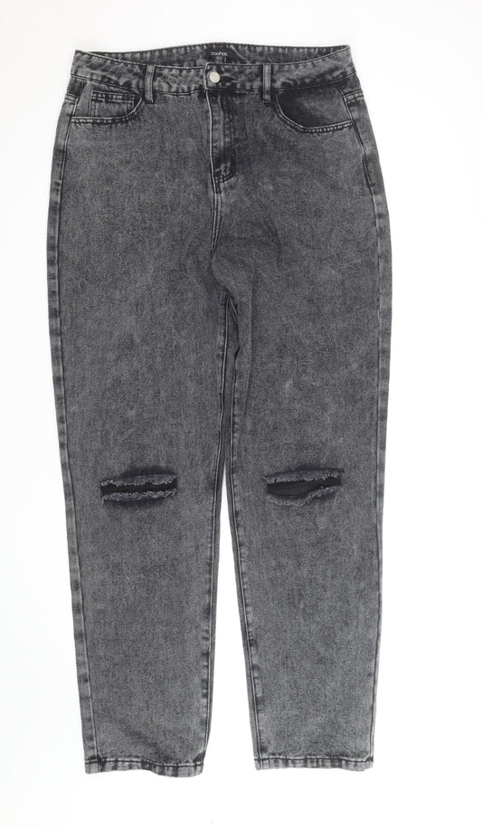 Boohoo Womens Grey Acid Wash Mom Jeans Size 16 Tall Distressed