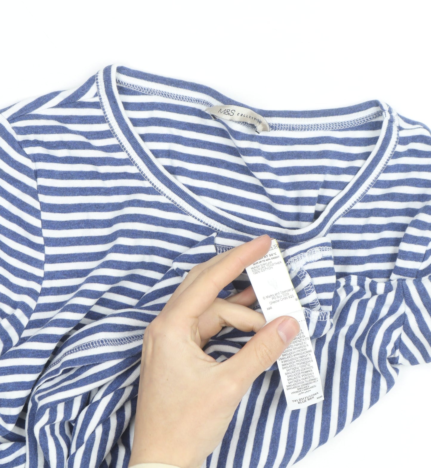 Marks and Spencer Women’s Blue White Striped Long Sleeve Cotton T-Shirt Size 14