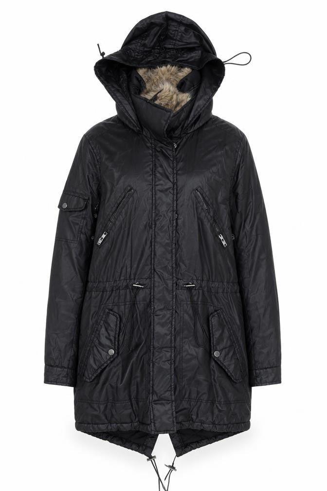 Papaya Women Black Faux Leather Fur Trim Parka Coat Size 10