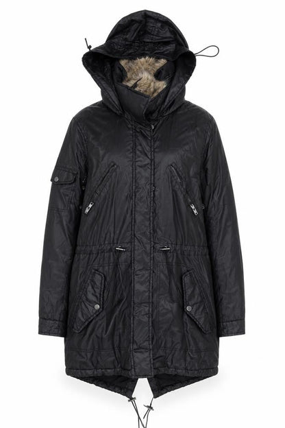 Papaya Women Black Faux Leather Fur Trim Parka Coat Size 10