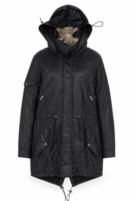 Papaya Women Black Faux Leather Fur Trim Parka Coat Size 10
