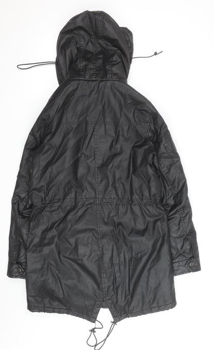 Papaya Women Black Faux Leather Fur Trim Parka Coat Size 10