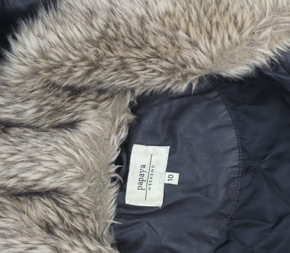 Papaya Women Black Faux Leather Fur Trim Parka Coat Size 10