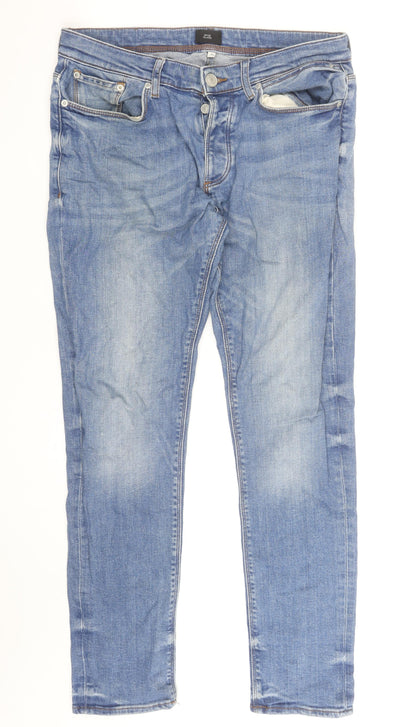 River Island Men's Blue Slim Straight Jeans 34W 32L Distressed Denim