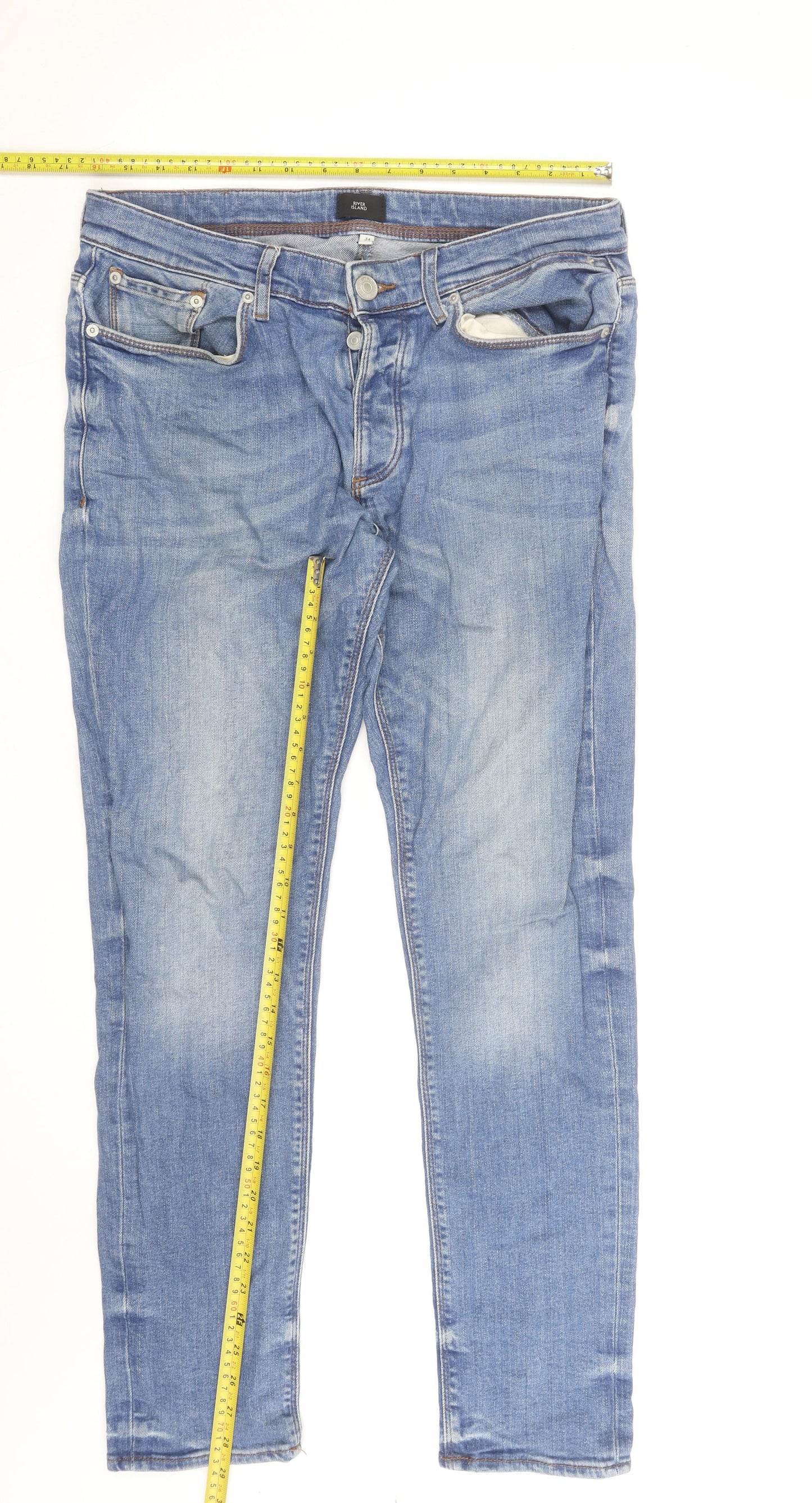 River Island Men's Blue Slim Straight Jeans 34W 32L Distressed Denim