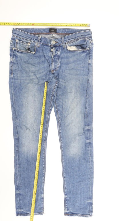 River Island Men's Blue Slim Straight Jeans 34W 32L Distressed Denim