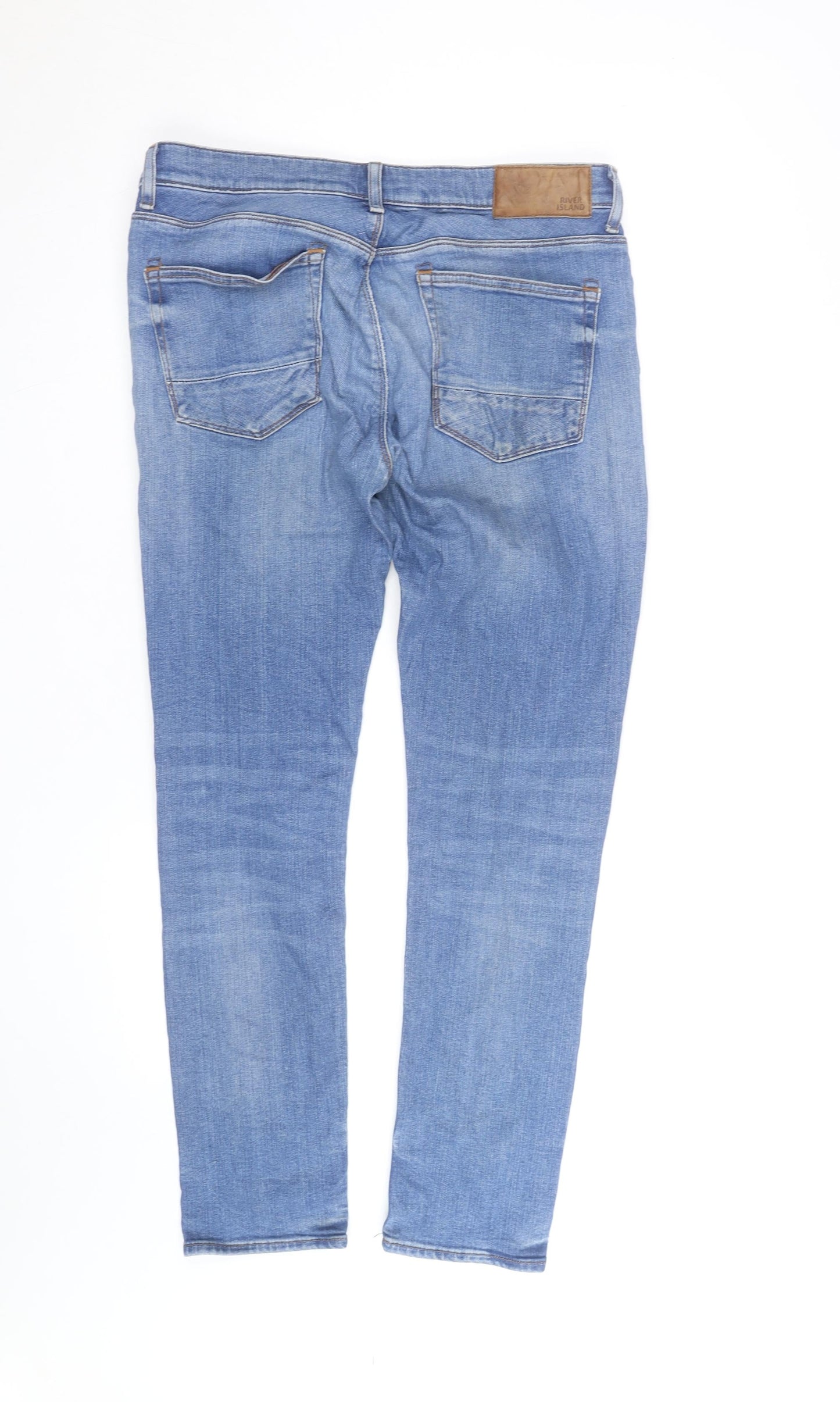 River Island Men's Blue Slim Straight Jeans 34W 32L Distressed Denim