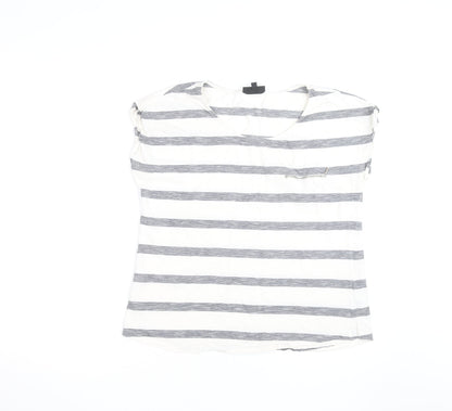 Warehouse Women’s Grey Stripe Cotton T-Shirt UK 16 Zip Pocket
