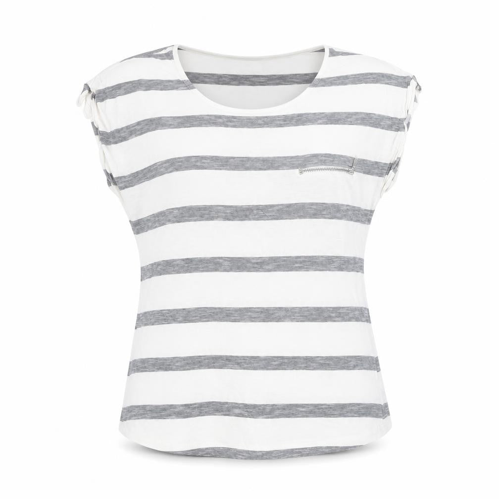 Warehouse Women’s Grey Stripe Cotton T-Shirt UK 16 Zip Pocket