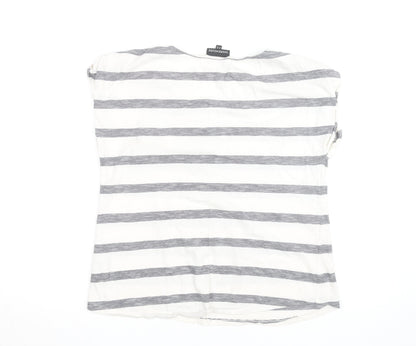 Warehouse Women’s Grey Stripe Cotton T-Shirt UK 16 Zip Pocket