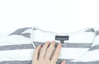 Warehouse Women’s Grey Stripe Cotton T-Shirt UK 16 Zip Pocket