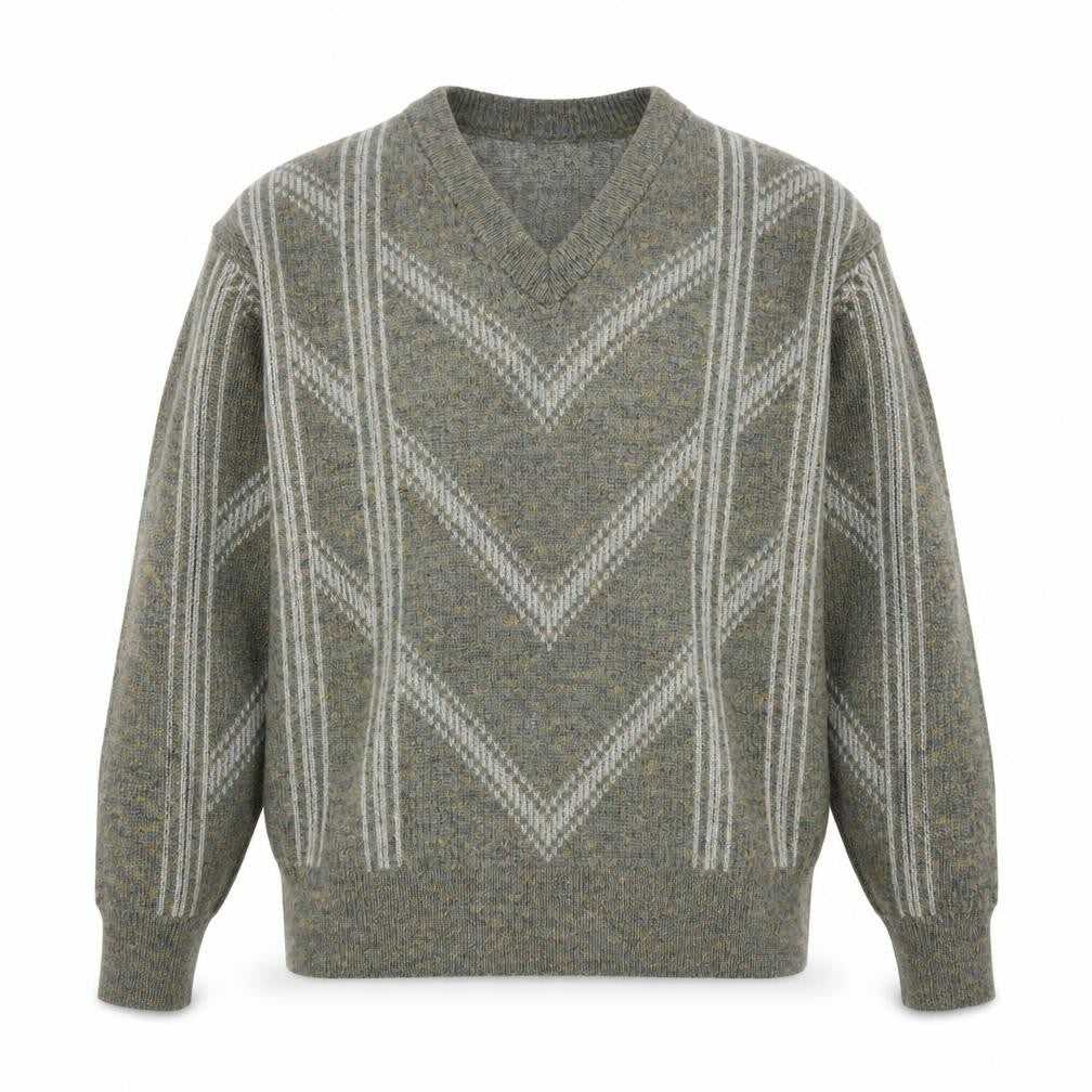 Strickschön Men’s Grey Wool Blend V-Neck Geometric Jumper XL