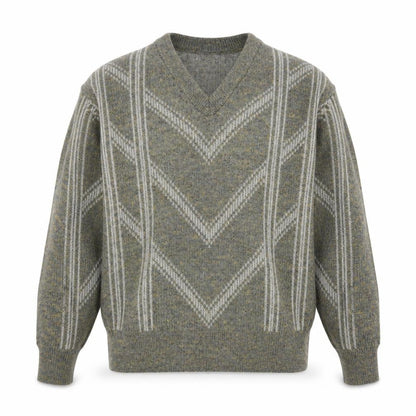Strickschön Men’s Grey Wool Blend V-Neck Geometric Jumper XL