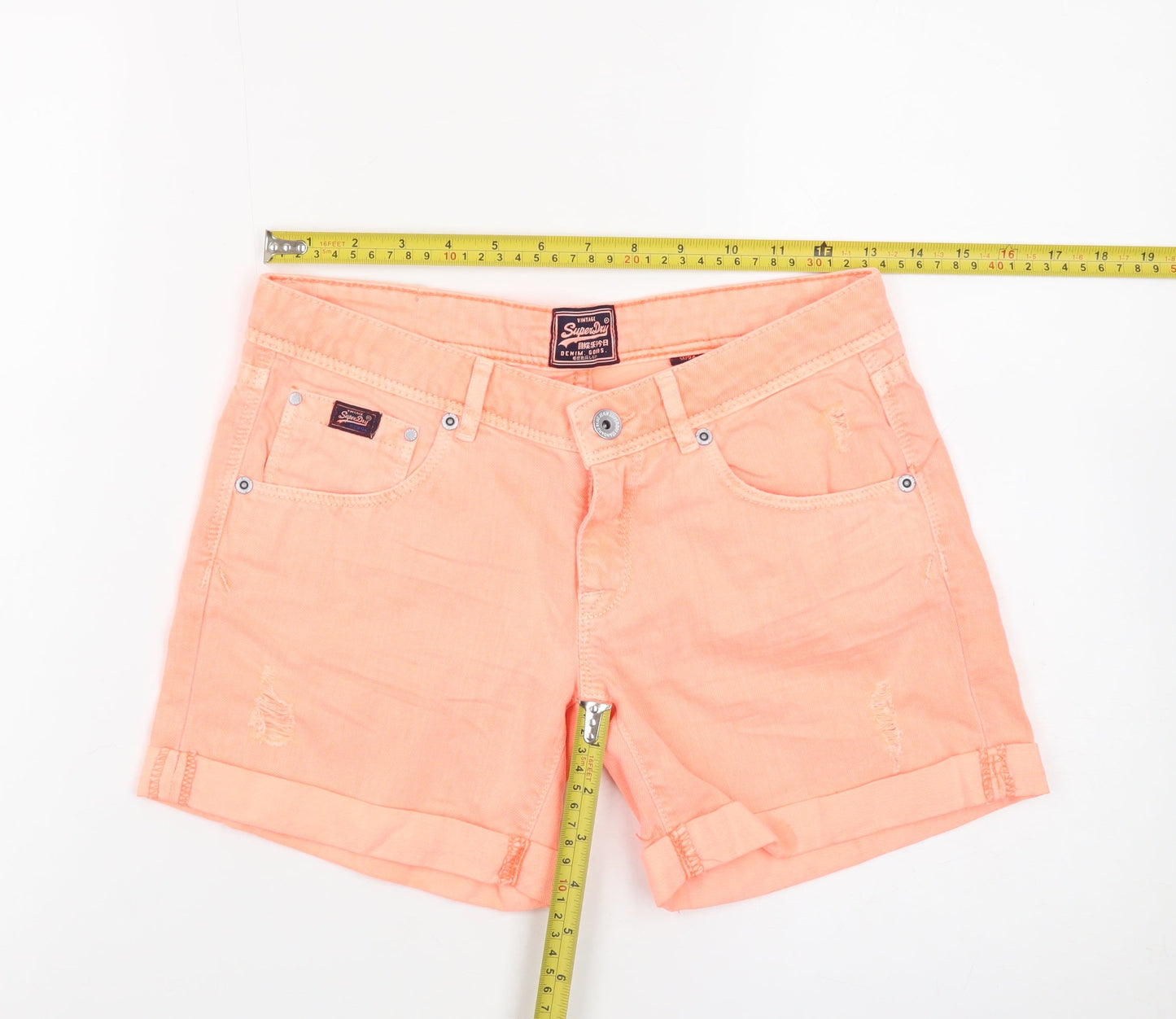 Superdry Womens Orange Chino Denim Shorts Size 24 Slim Fit Summer