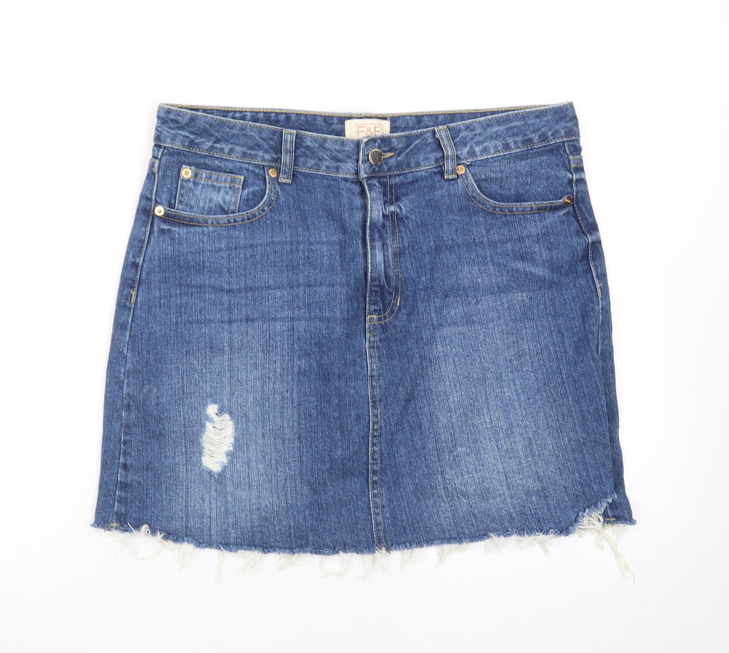 F&F Women’s Blue Denim Short Skirt Size 12 Frayed Hem Casual