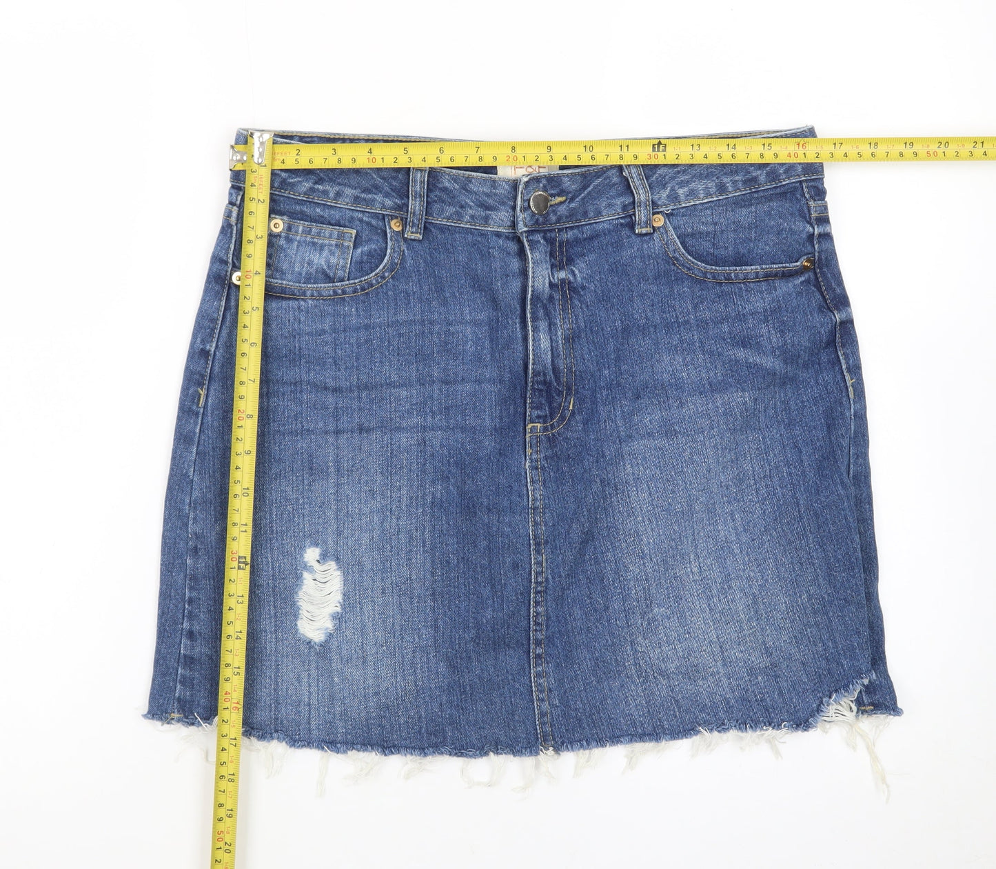F&F Women’s Blue Denim Short Skirt Size 12 Frayed Hem Casual