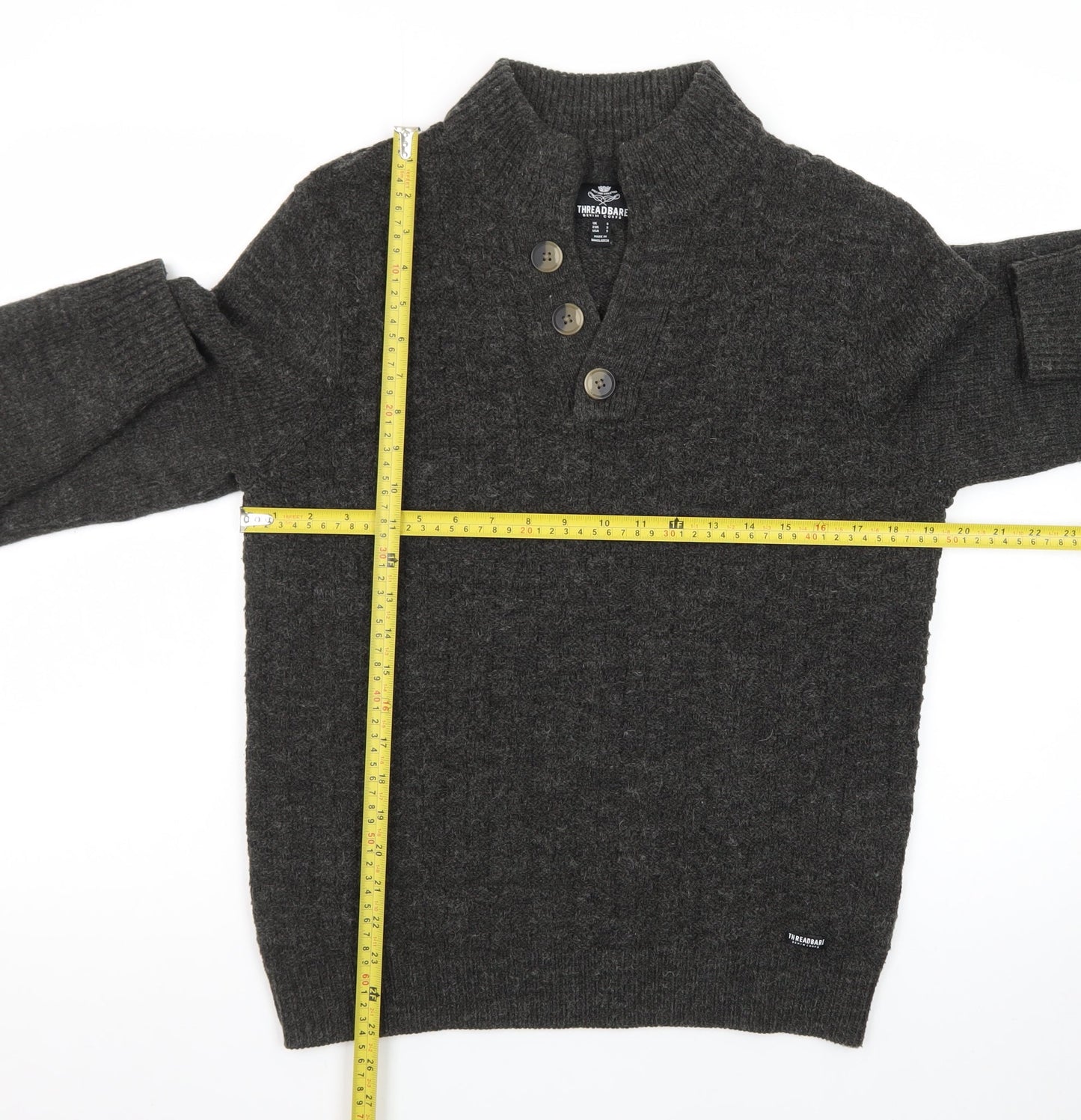 Threadbare Men's Grey Henley Wool Blend Jumper Size S