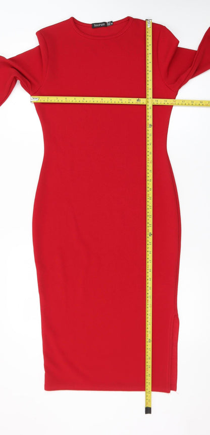 Boohoo Womens Red Bodycon Midi Dress Size 12 Long Sleeve