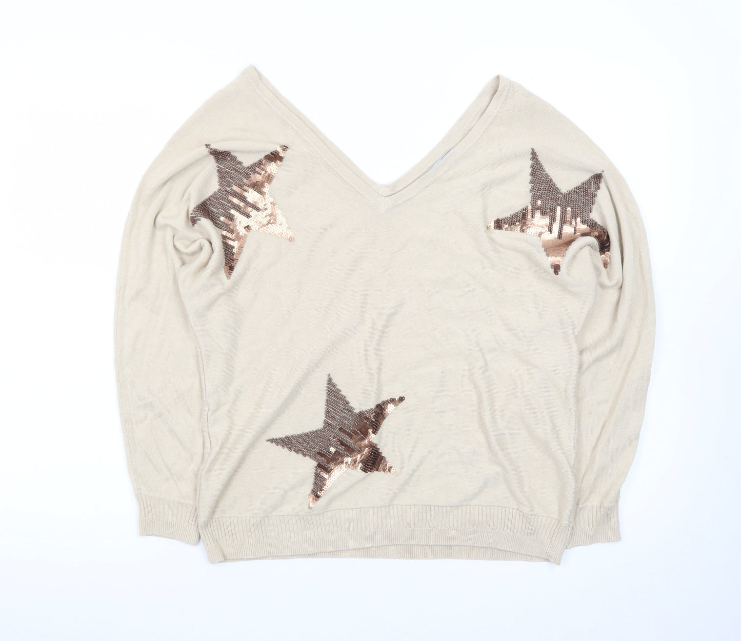 Next Womens Beige Sequin Star V-Neck Jumper Size 12