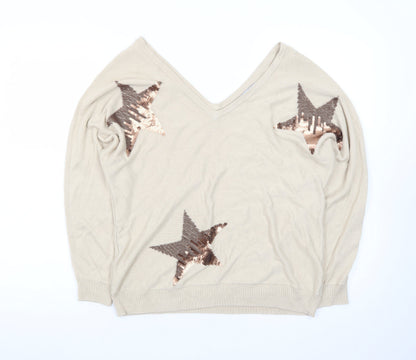Next Womens Beige Sequin Star V-Neck Jumper Size 12