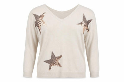 Next Womens Beige Sequin Star V-Neck Jumper Size 12