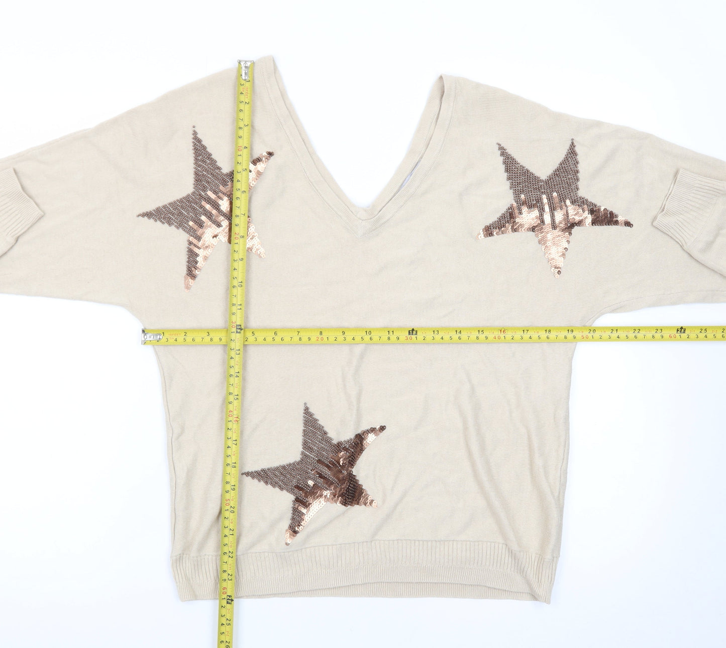 Next Womens Beige Sequin Star V-Neck Jumper Size 12