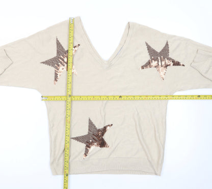 Next Womens Beige Sequin Star V-Neck Jumper Size 12