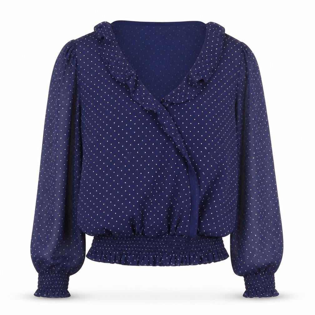 Sosandar Women's Blue Polka Dot Wrap Ruffle Blouse Size 8