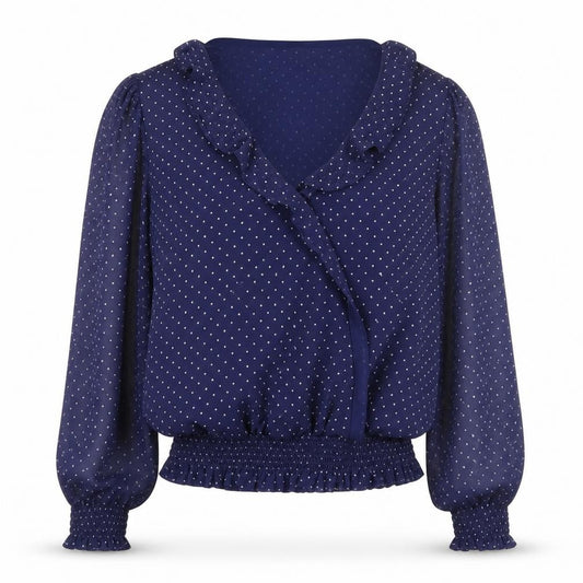 Sosandar Women's Blue Polka Dot Wrap Ruffle Blouse Size 8