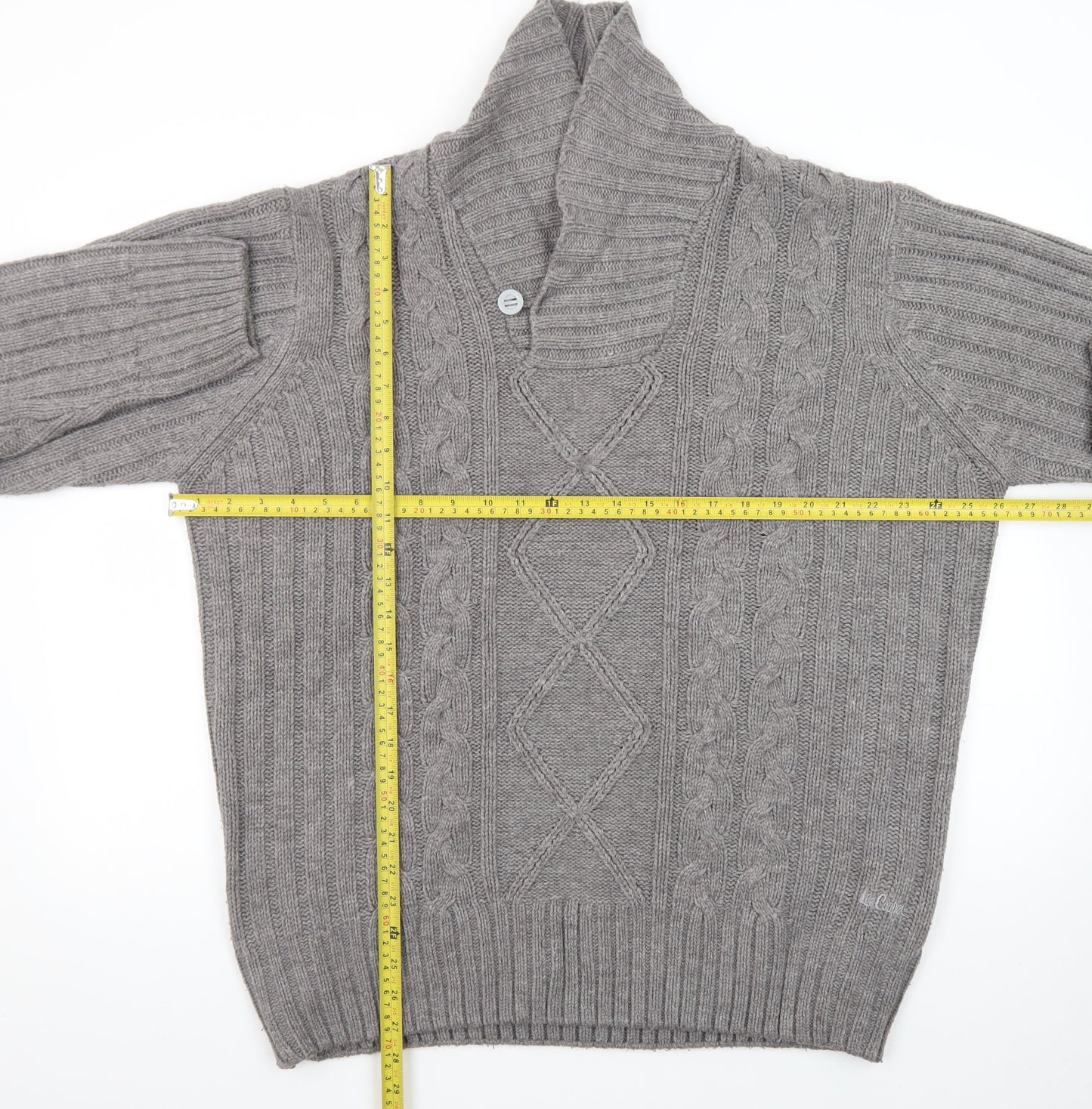 Lee Cooper Men's Grey 2XL Cable-Knit Shawl Collar Jumper