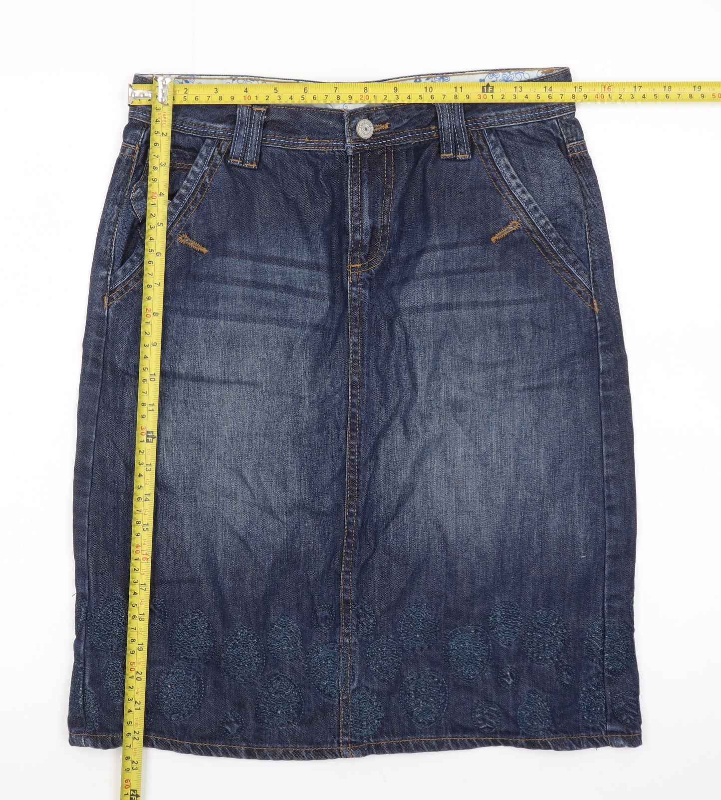 Mantaray Womens Blue Denim Embroidered Knee Length Skirt Size 10