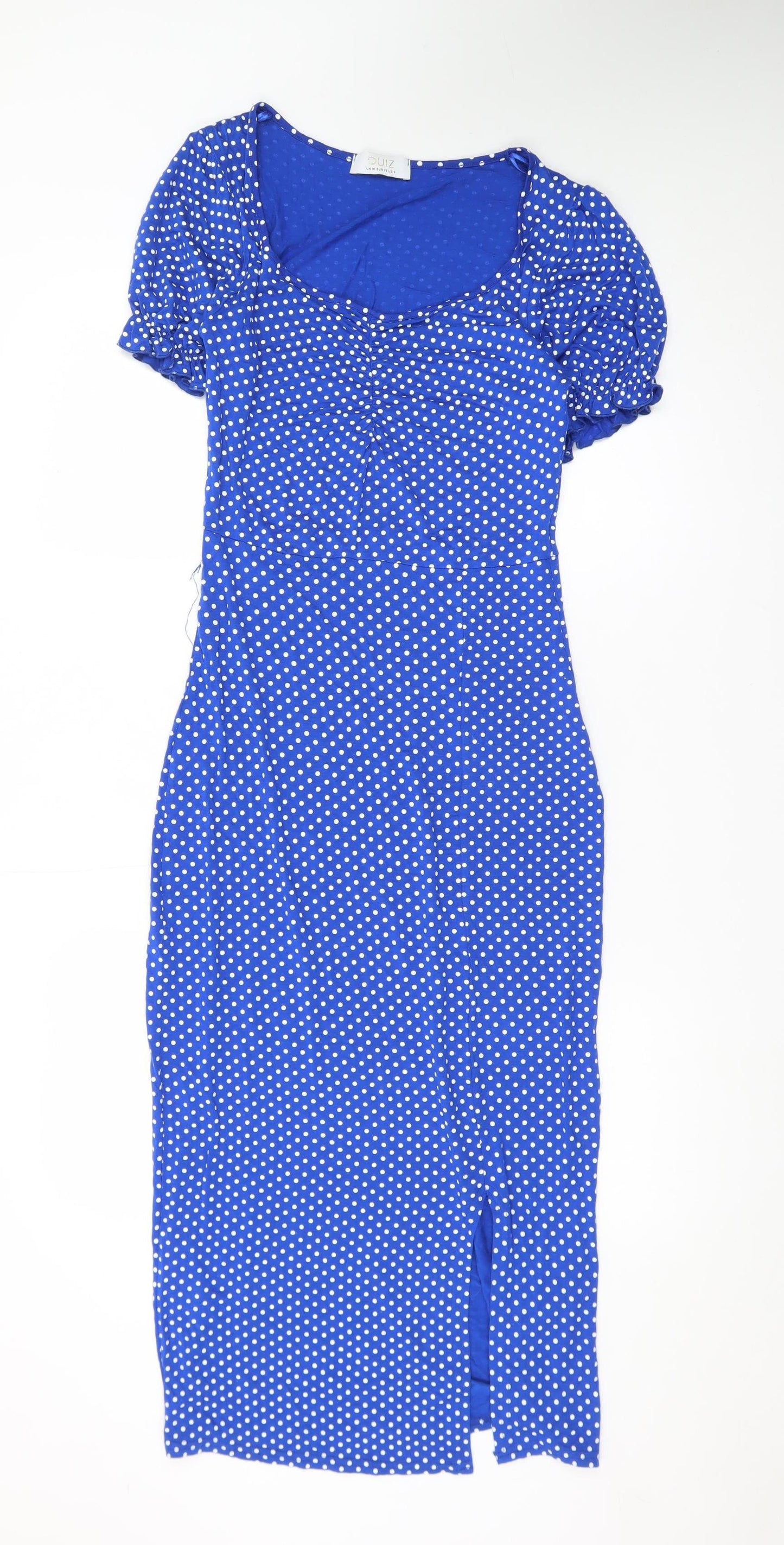 Quiz Women Blue Polka Dot Bodycon Dress Size 10 Short Sleeve