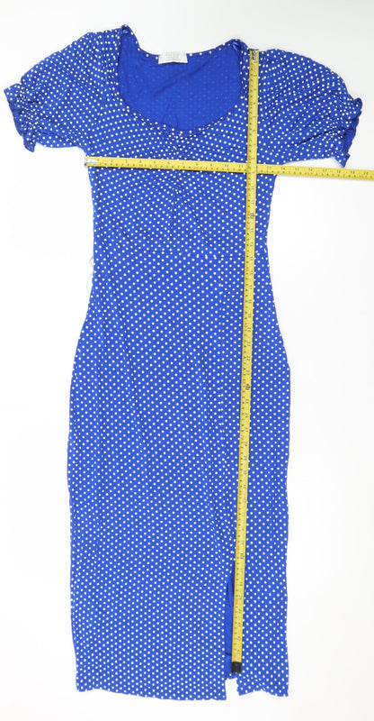 Quiz Women Blue Polka Dot Bodycon Dress Size 10 Short Sleeve