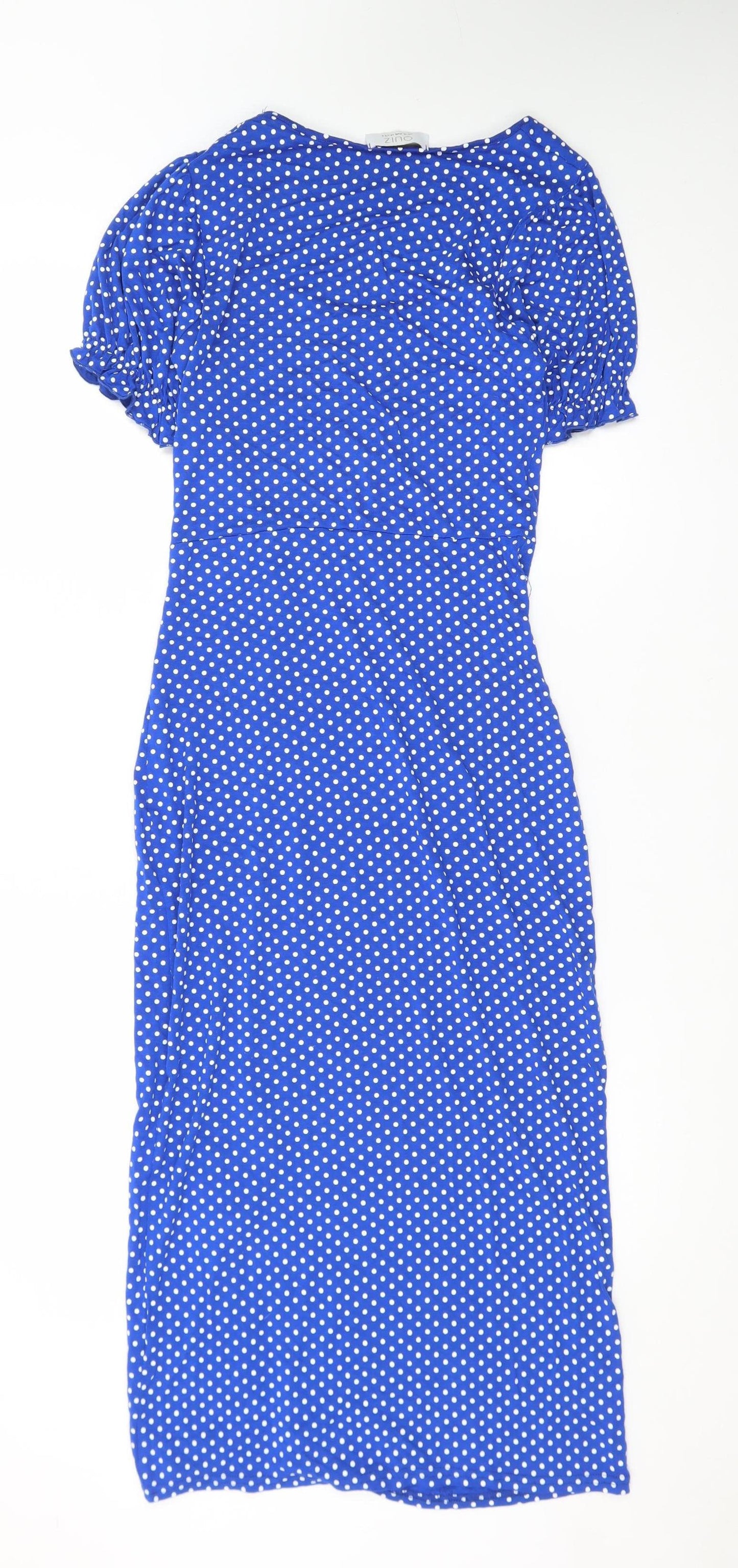Quiz Women Blue Polka Dot Bodycon Dress Size 10 Short Sleeve