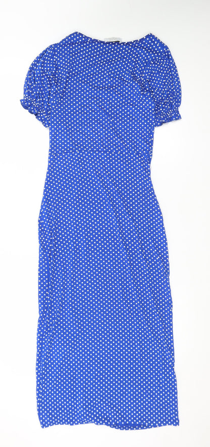 Quiz Women Blue Polka Dot Bodycon Dress Size 10 Short Sleeve