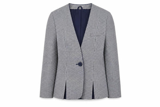 Front view of C&A Canda women’s black & white houndstooth blazer, size UK 10, single breasted