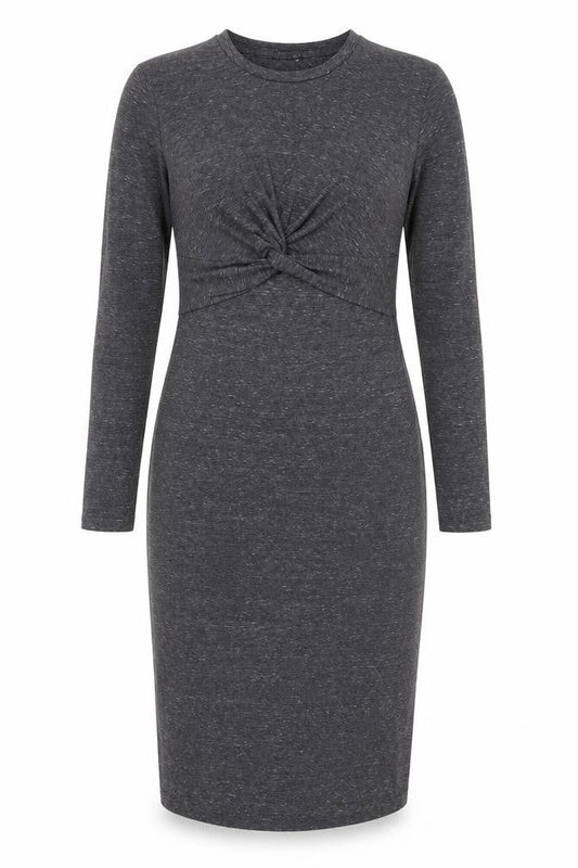 Front view of Miss Selfridge Women’s Grey Bodycon Midi Dress, size UK 14, Long Sleeve